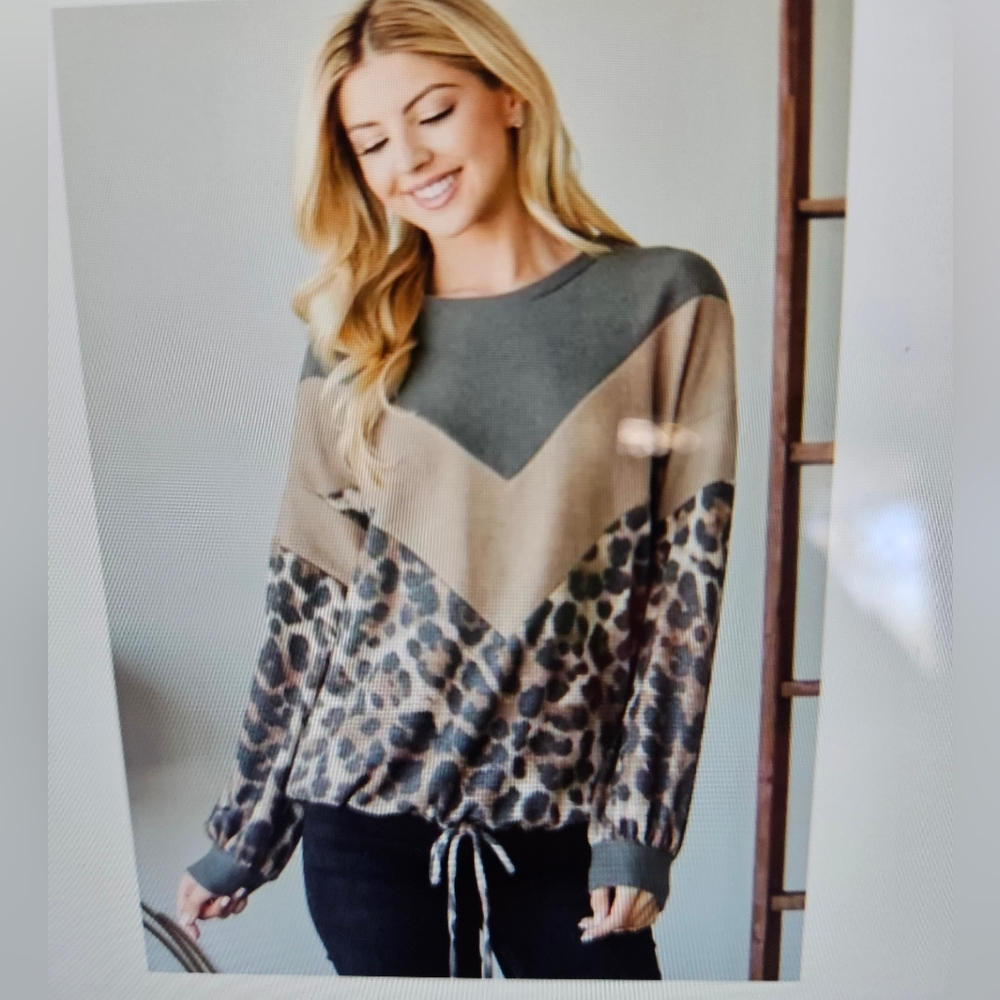 A Girl Thing Long Sleeve Chevron Leopard Top - Olive Green and Brown - Picture 3 of 7